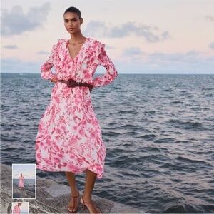 ZARA Pink Floral Ruffle Maxi Dress